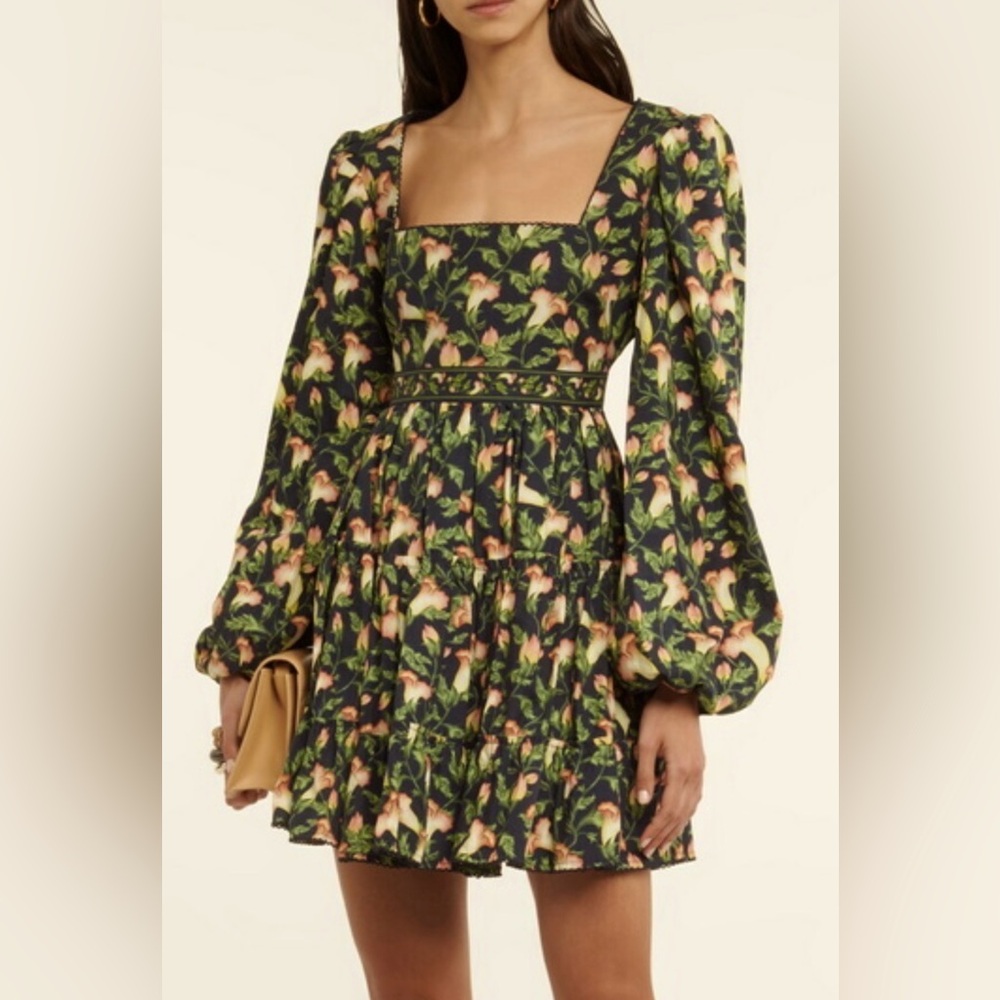 Agua by Agua Bendita, Avena Black Green Floral, Square Neck Mini Dress, Med